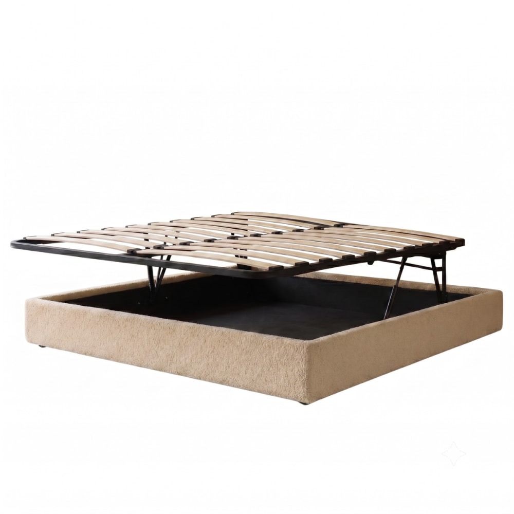Lit coffre ouverture parallèle en bouclette sable 160x200 cm