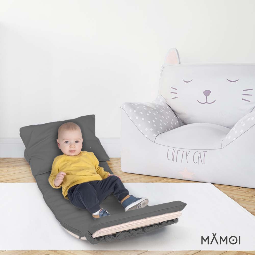 Planche d'équilibre pour enfant en contreplaqué et matelas gris foncé (Mamoi) - Image 1