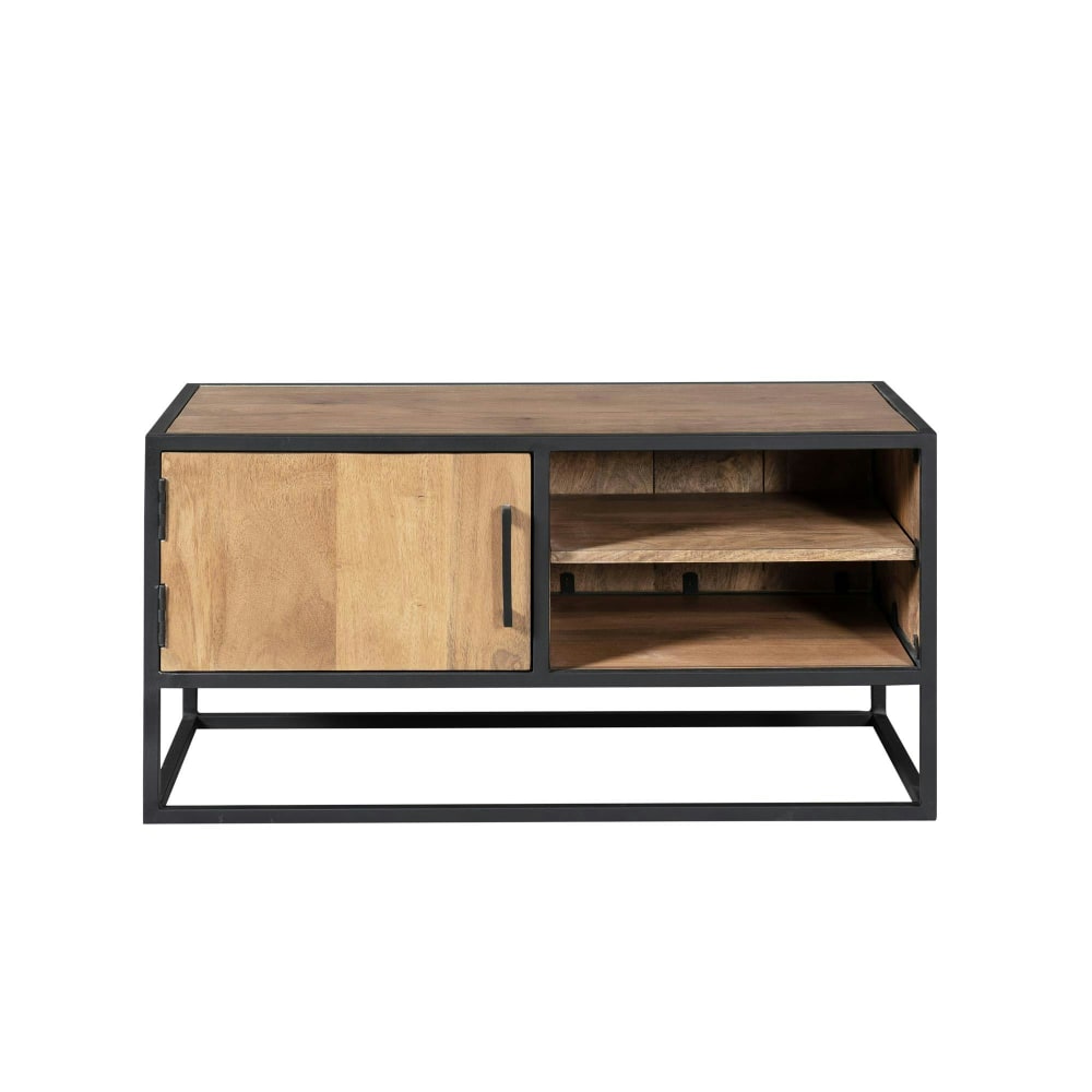 Meuble tv compact bois et métal, 1 porte 2 niches