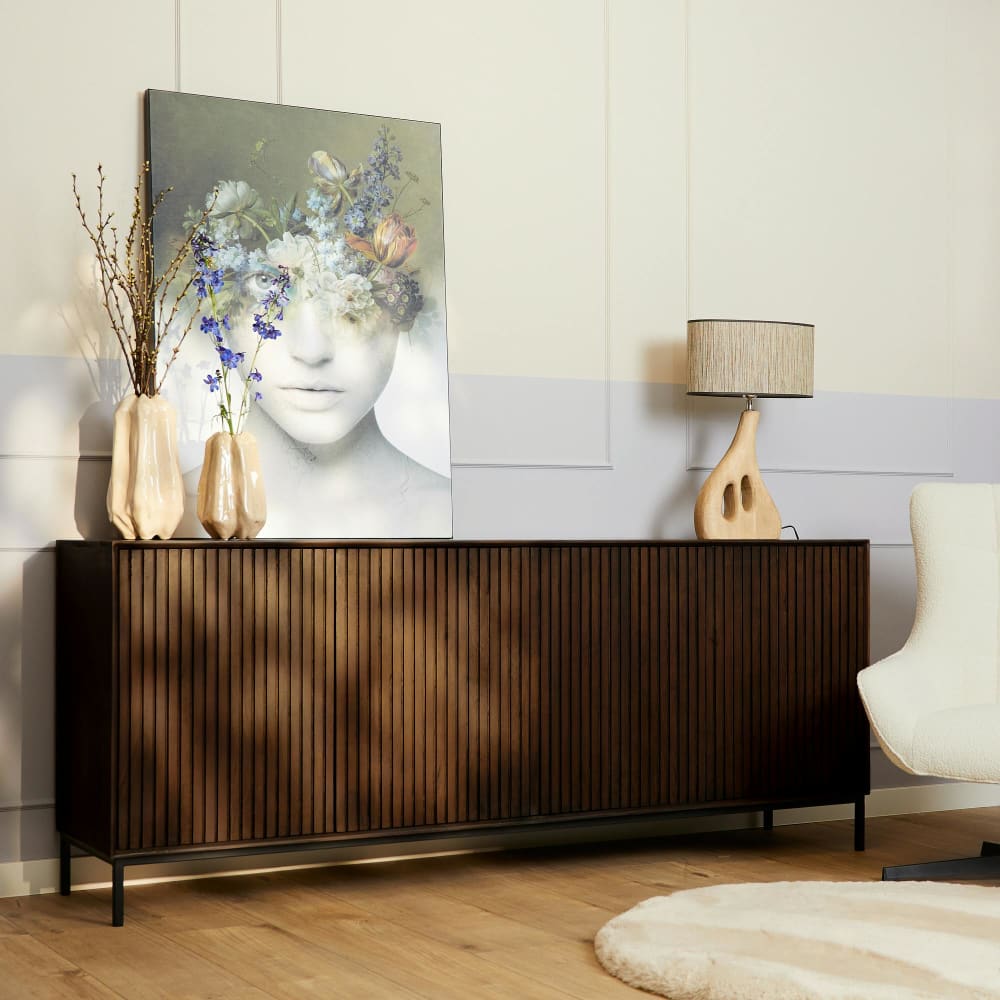 Buffet en bois brun rainuré 4 portes, 210 cm