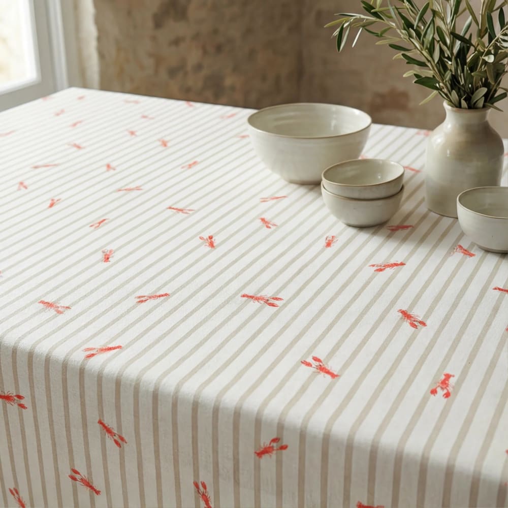 Nappe antitache 100% coton beige et blanc 200x155 cm