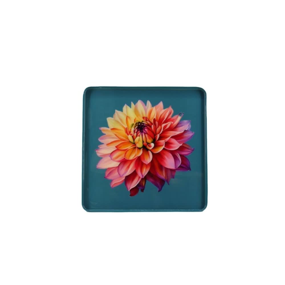 Plateau en fer laqué bleu motif fleur 20x20cm