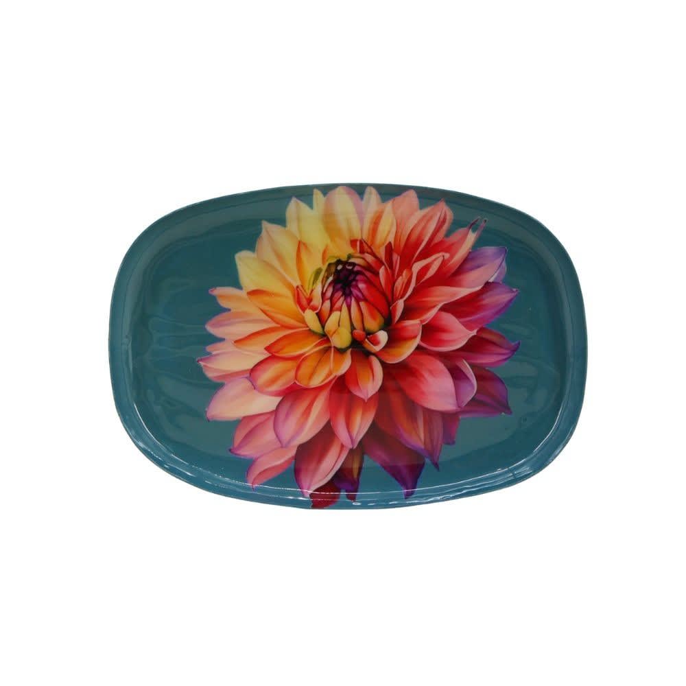 Plateau en acier laqué turquoise fleuri 20x14cm