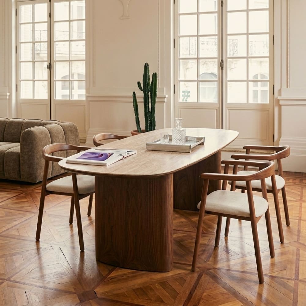 Table de séjour placage noyer et plateau céramique effet travertin