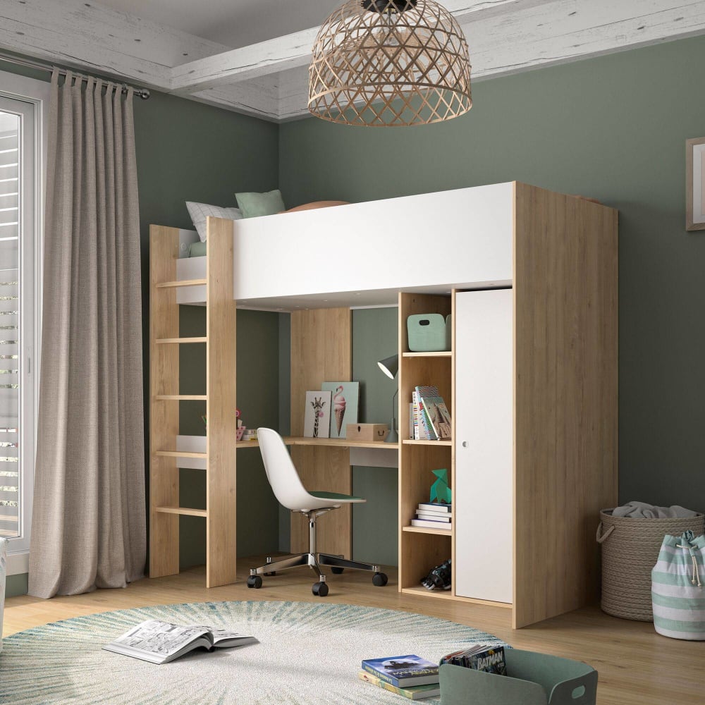 Lit mezzanine effet bois et blanc 90x200 cm (CAMIF) - Image 1