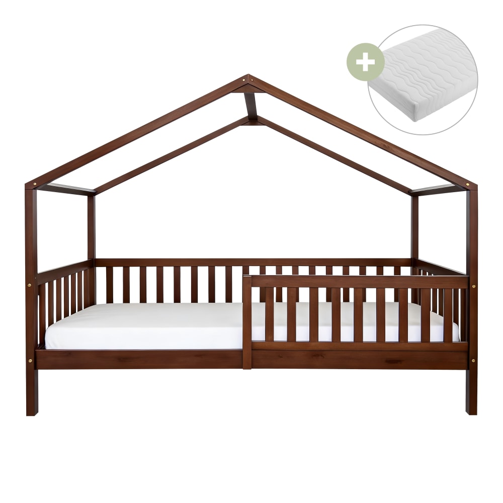 Lit cabane, barrière, marron - avec matelas hybride 90 x 200