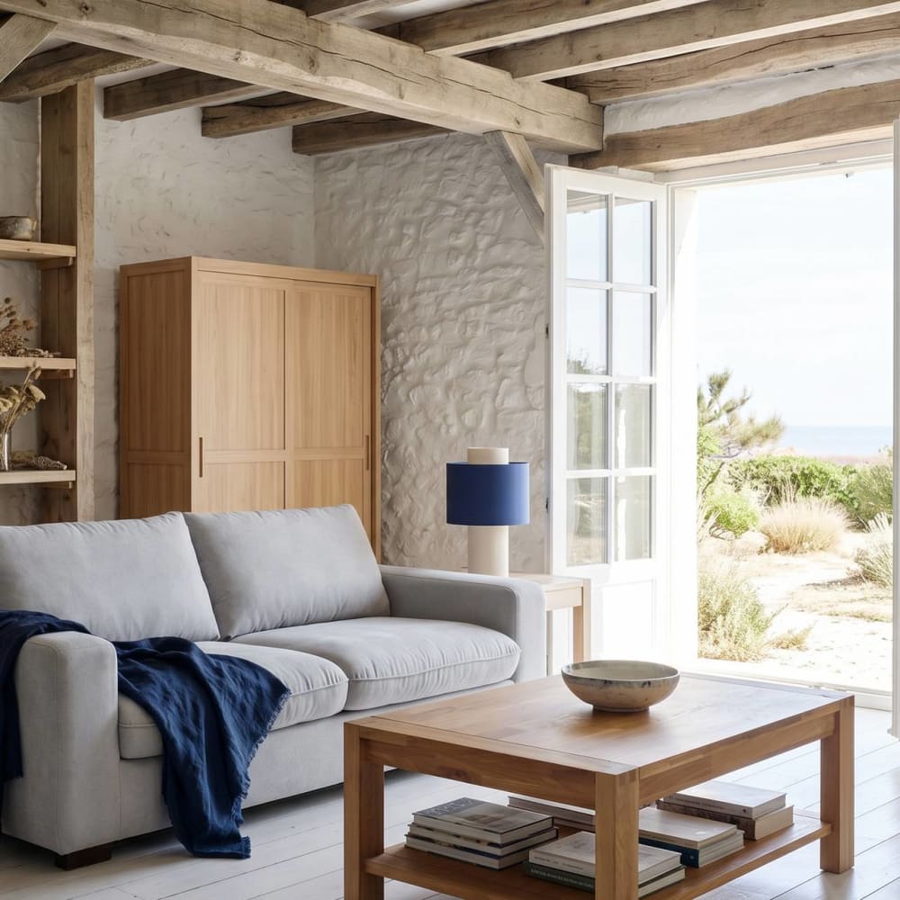 Lampe à poser tissu bleu et blanc h40 — vue 3