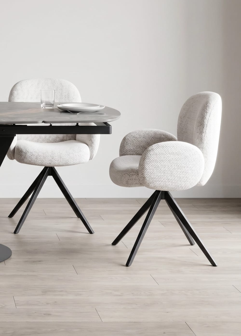 4er-Set gepolsterte Sessel aus Chenille, Farbe Elfenbein -