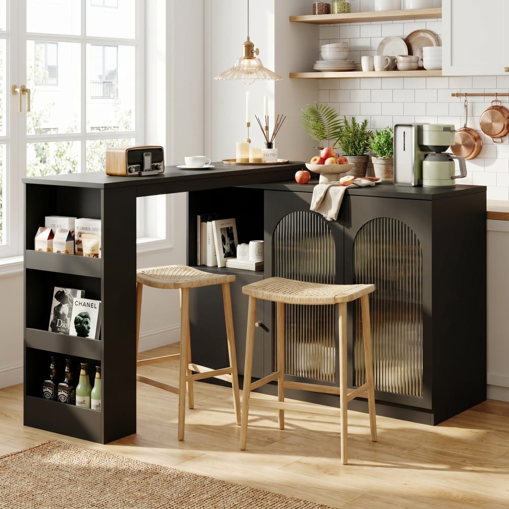 360° drehbarer Bartisch mit Glastüren 120x40x97cm, Schwarz -