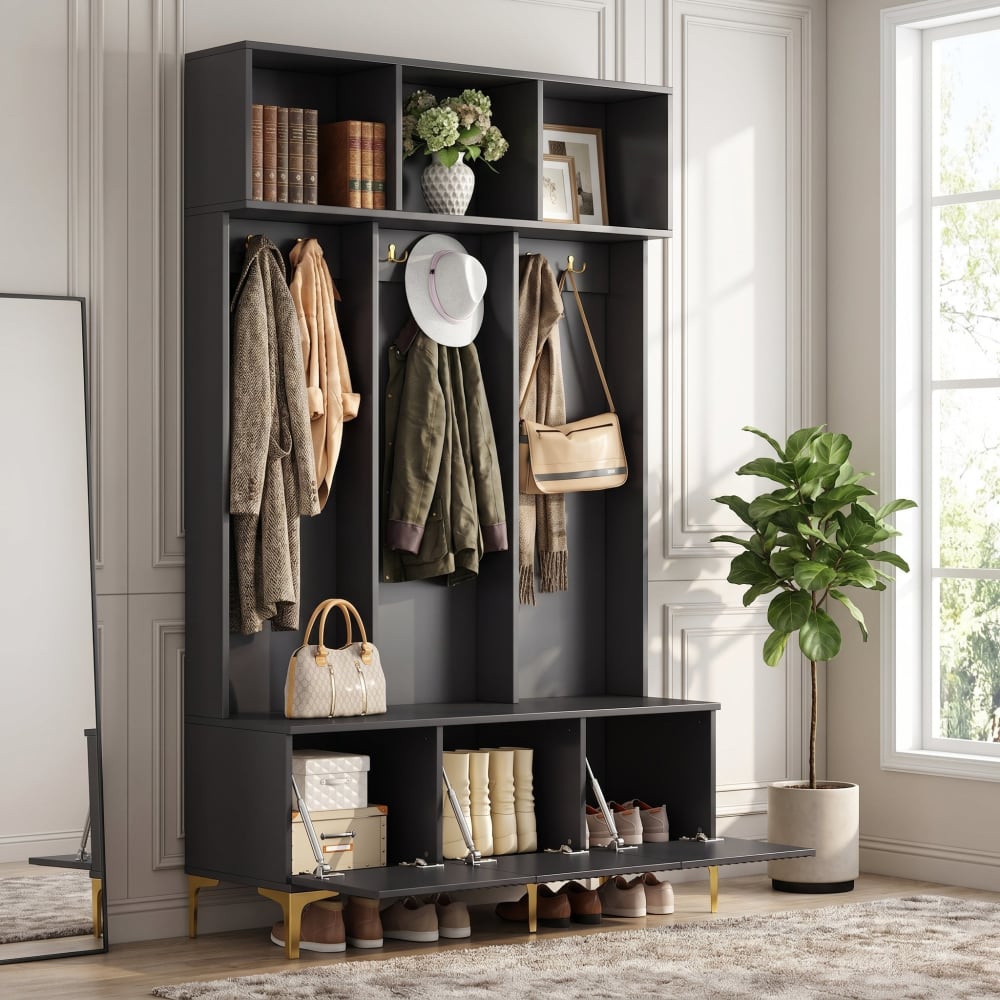 Flurgarderobe mit 6 goldenen Haken und 3 Türen, Schwarz - Maisons