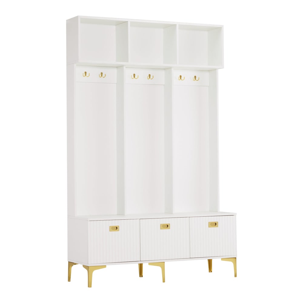 Urban Meuble Flurgarderobe mit 6 goldenen Haken und 3 Türen, Weiß Weiß Spanplatte
