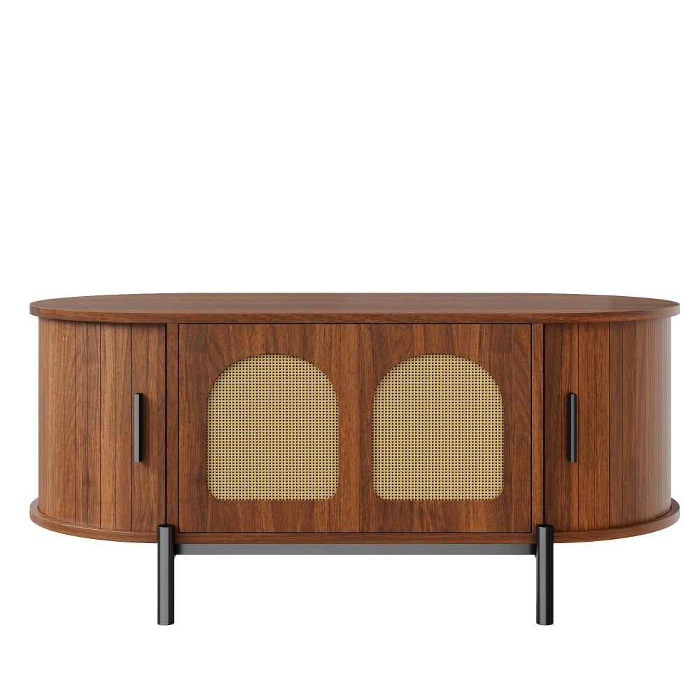 Urban Meuble Ovaler Couchtisch Nussbaumoptik, Rattantüren, Metallbeine, Schwarz Braun Rattan