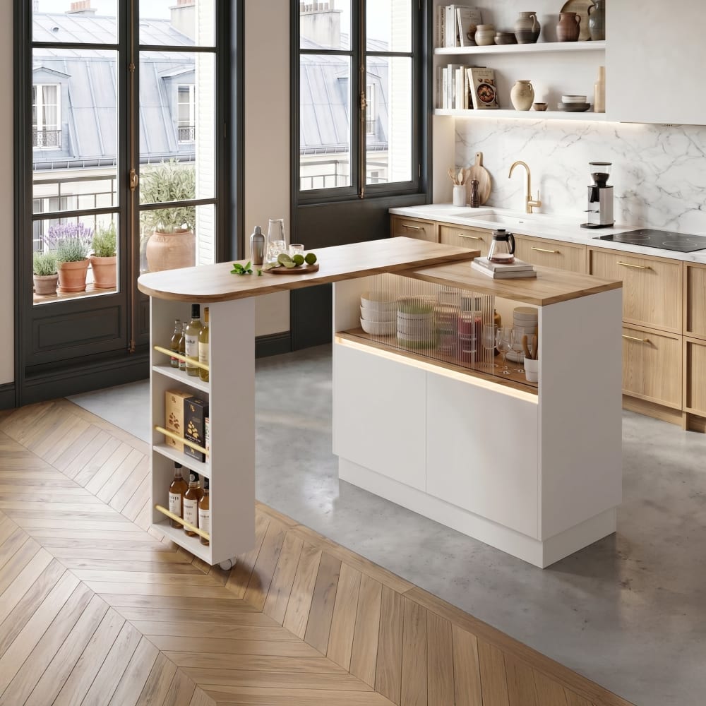 Îlot de cuisine table de bar rotative 360° blanc effet bois
