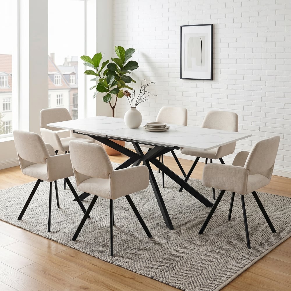 Esstisch-Set, ausziehbar, Marmoroptik, 6 Stühle, Creme - Maisons