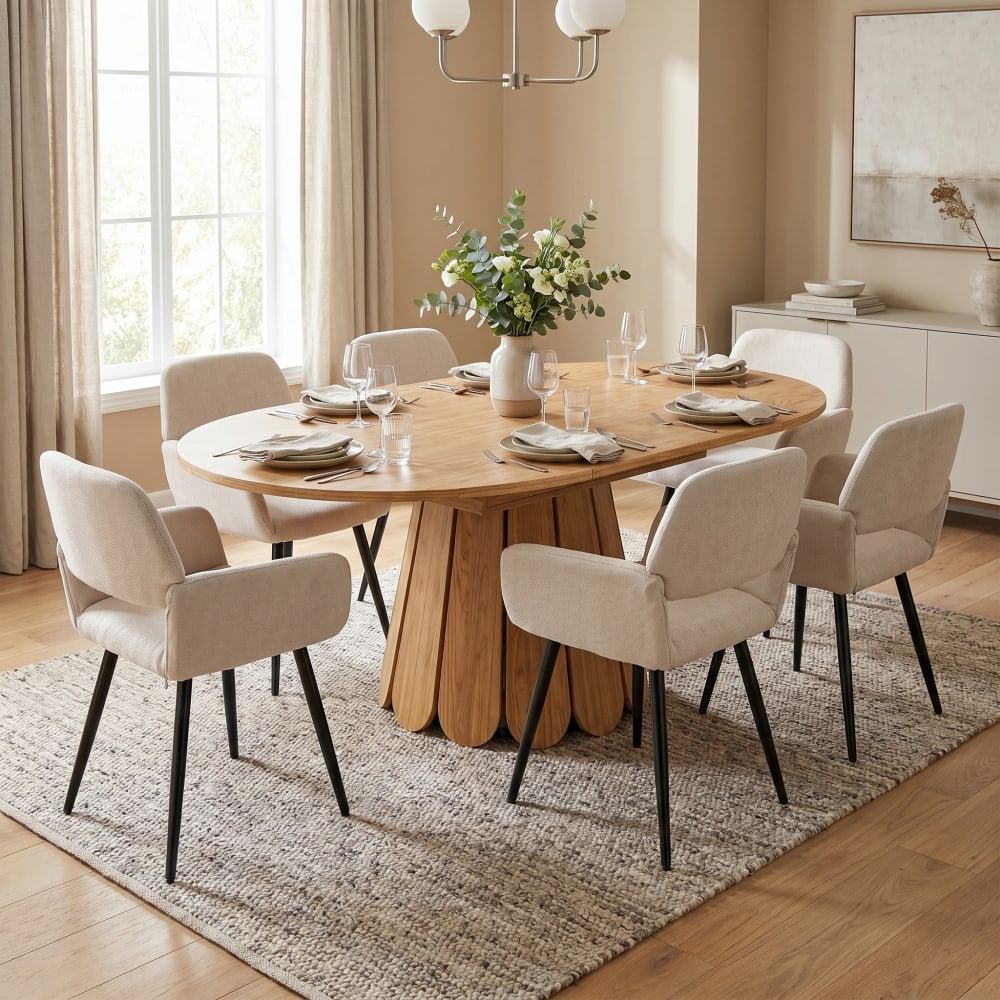 Urban Meuble Set aus ovalem, ausziehbarem Holztisch und 6 cremefarbenen Stühlen Beige Spanplatte