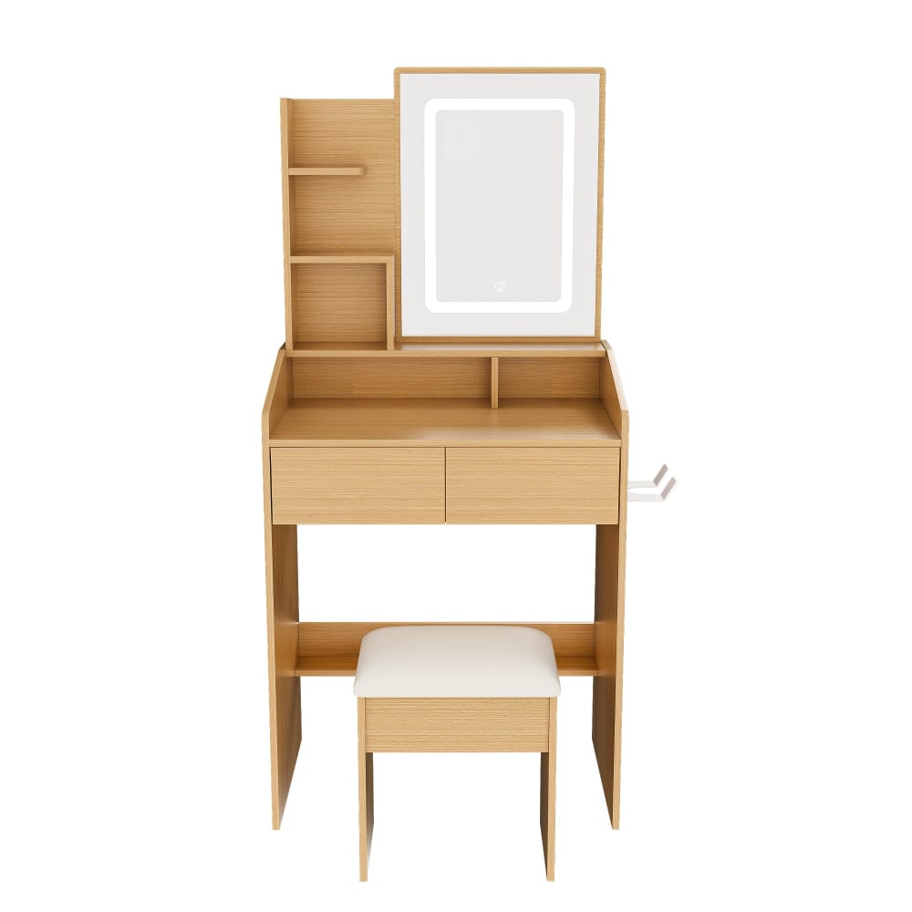 Urban Meuble Schminktisch mit LED-Spiegel, Steckdose und Hocker, Holz-Optik style modern Beige Spanplatte
