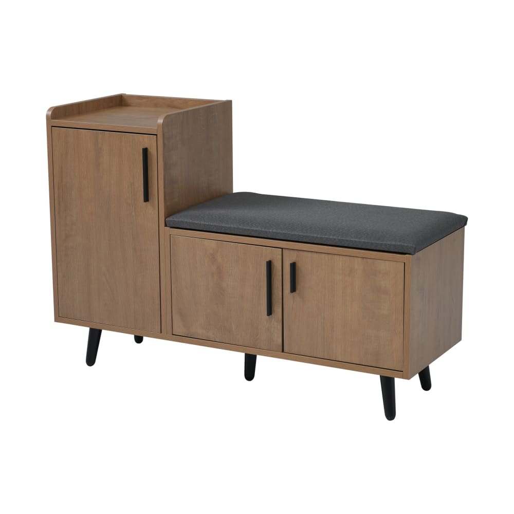 Urban Meuble Schuhbank Holz-Optik mit 3 Türen und grauer Sitzfläche Braun Spanplatte