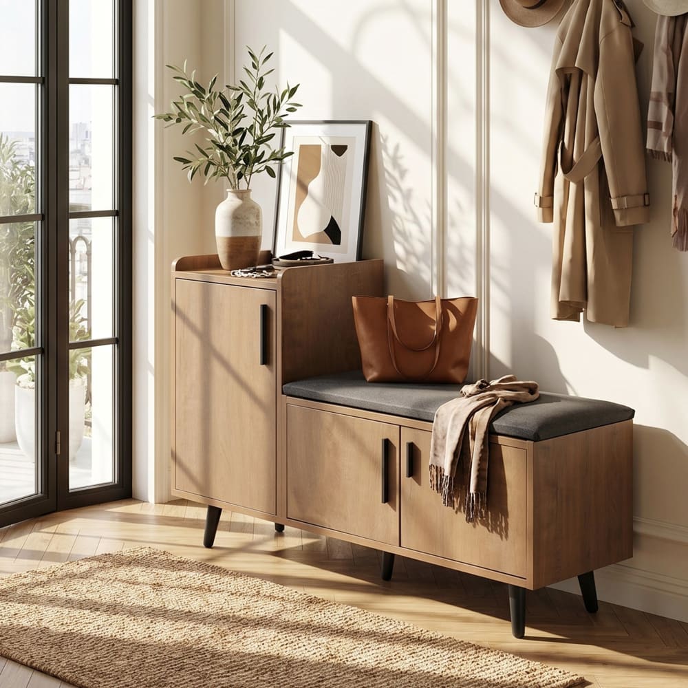 Schuhbank Holz-Optik mit 3 Türen und grauer Sitzfläche - Maisons
