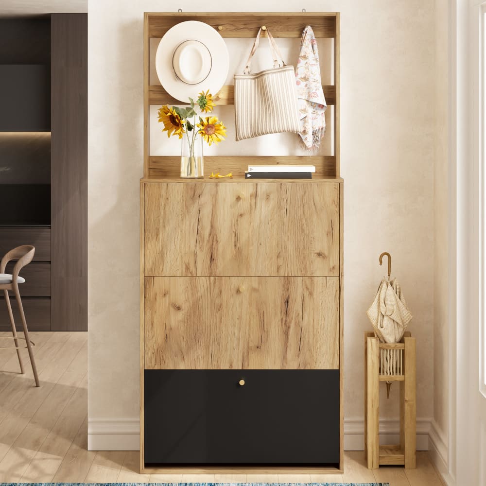 Großer Schuhschrank, Holzoptik, Natur & Schwarz - Maisons Du