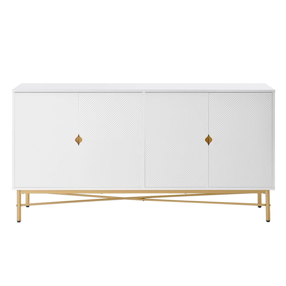 Sideboard Weiß geometrisches Streifenmuster 4 Türen Goldbeine -