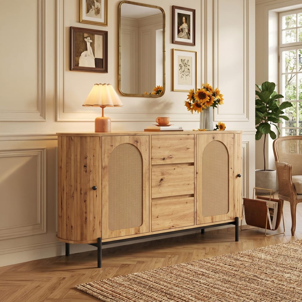 Sideboard Holzoptik 2 Rattan-Türen 3 Schubladen, Holzfarben -