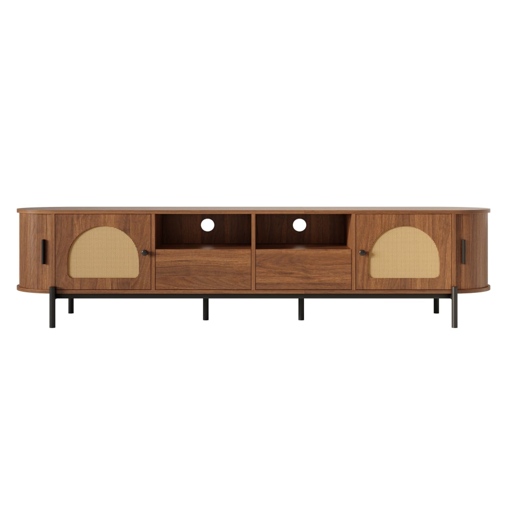 Meuble tv ovale en mdf noyer et rotin, portes coulissantes
