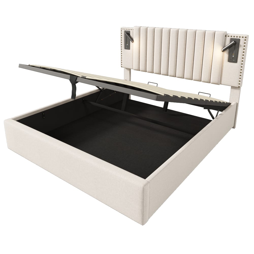 Lit tapissier double en coton beige 140x200cm
