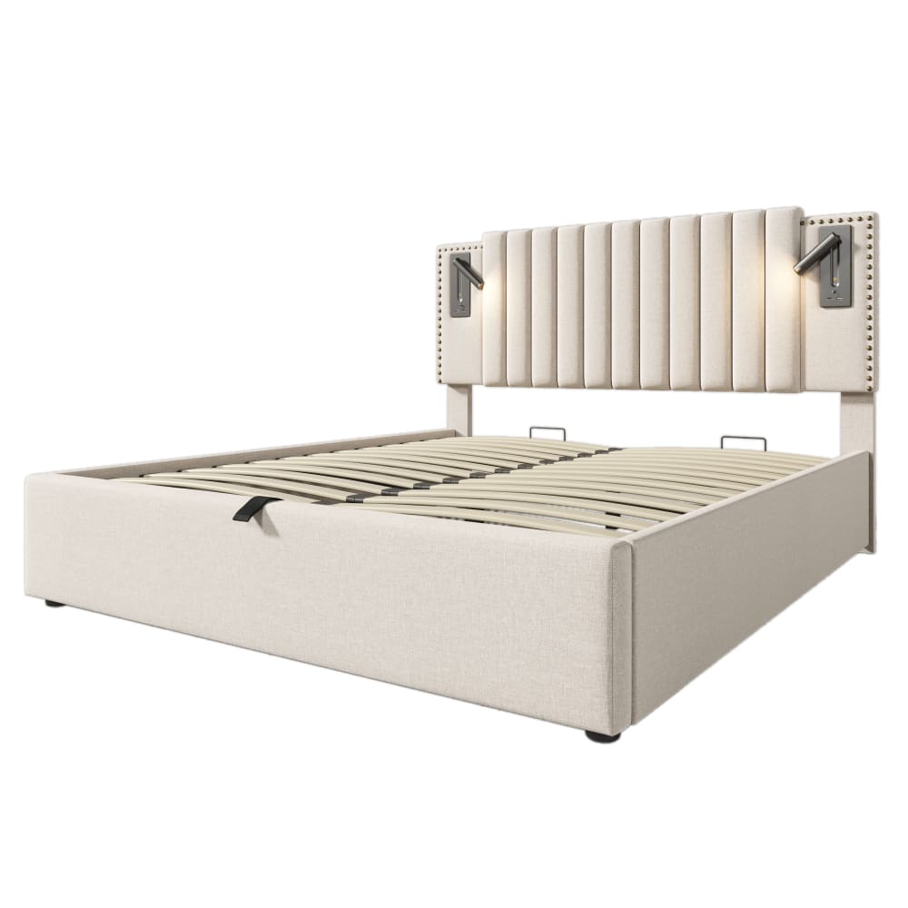 Lit tapissier double en coton beige 160x200cm