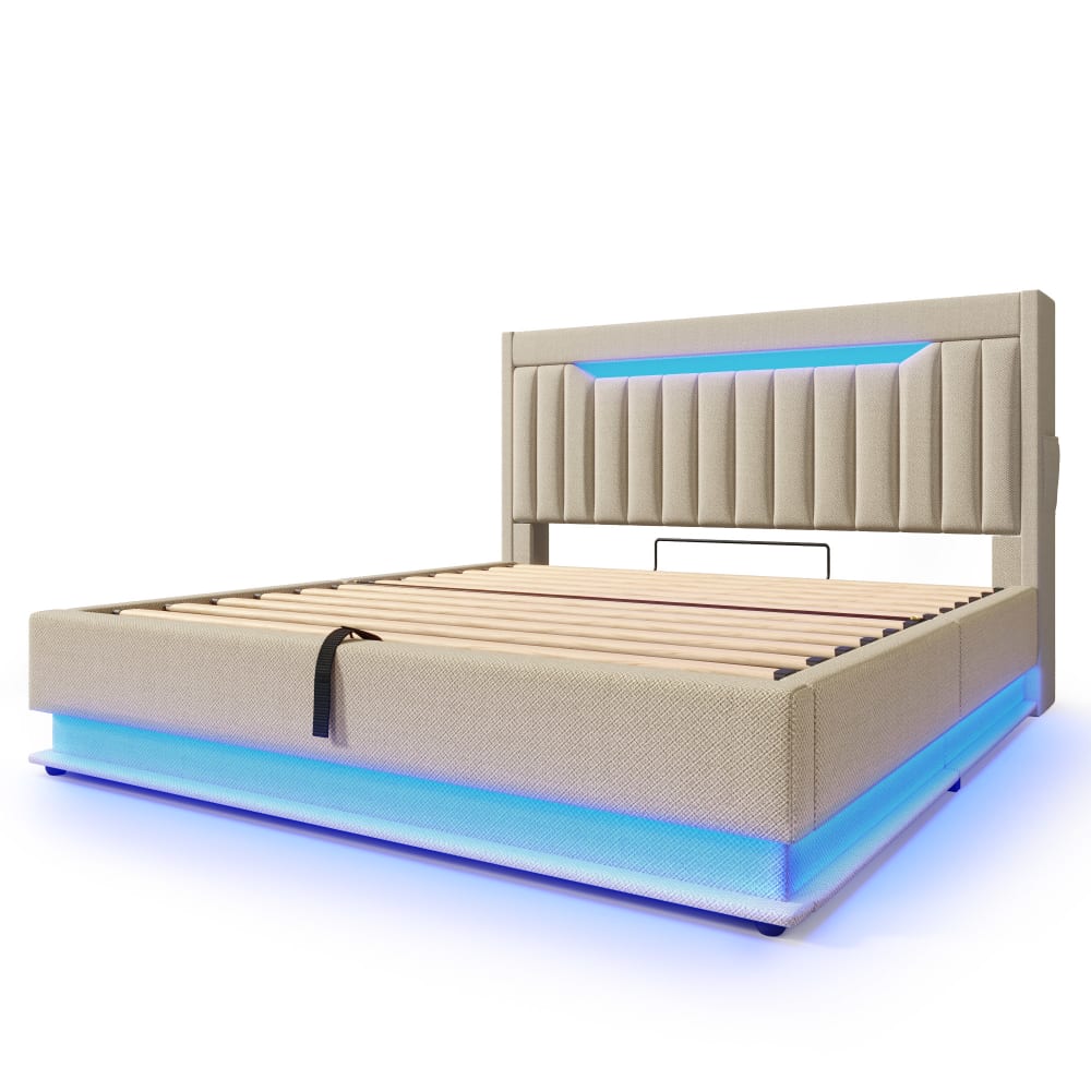 Lit tapissier double en lin beige 160x200cm