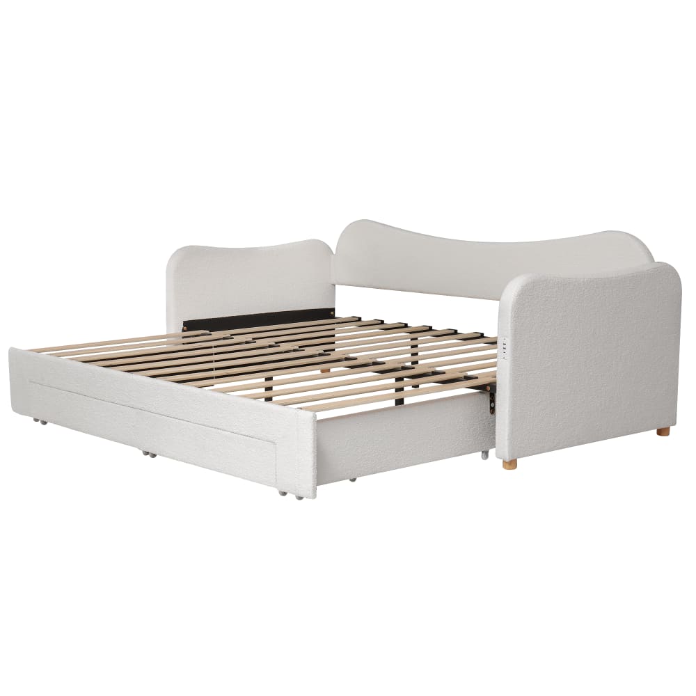 Lit capitonné daybed  bouclé beige extensible 2 tiroirs 90x200cm