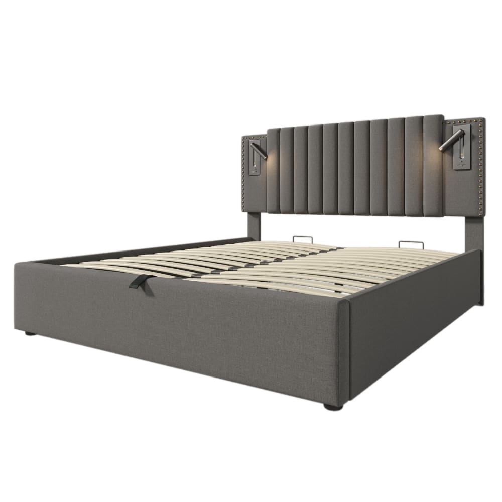 Lit tapissier double en coton gris 140x200cm