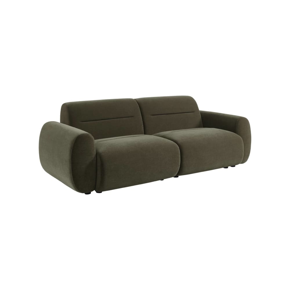 Canapé 3 places tissu doux kaki, accoudoirs arrondis