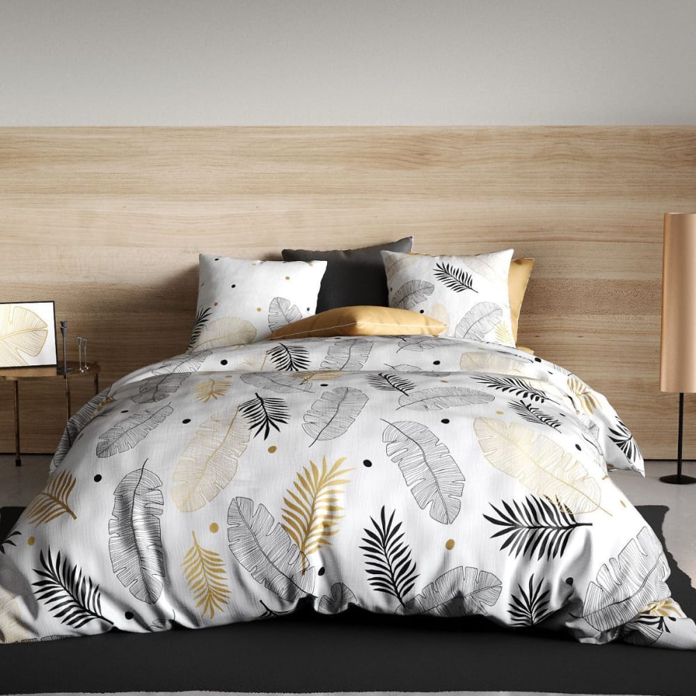 Parure  housse de couette 260x240cm + 2 taies motif feuillage blanc, n