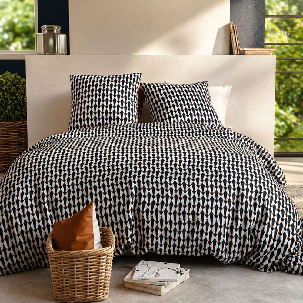 Parure  housse de couette 240x220cm + 2 taies motif géométrique bleu n