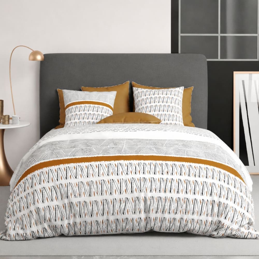 Parure  housse de couette 260x240cm + 2 taies motif graphique blanc, n