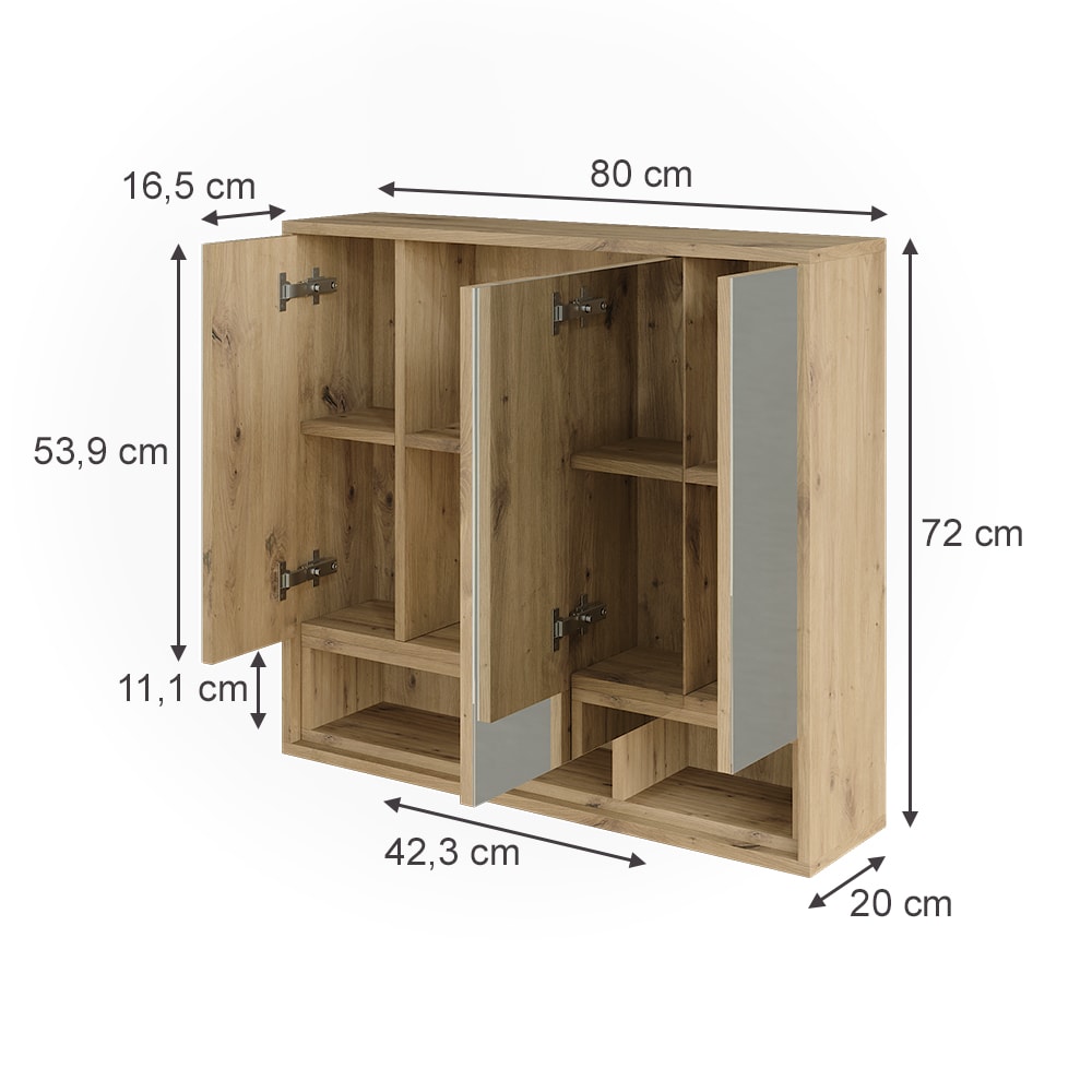 Spiegelschrank mit 3 Spiegeltüren Cashmere/Artisan-Eiche 80x72cm