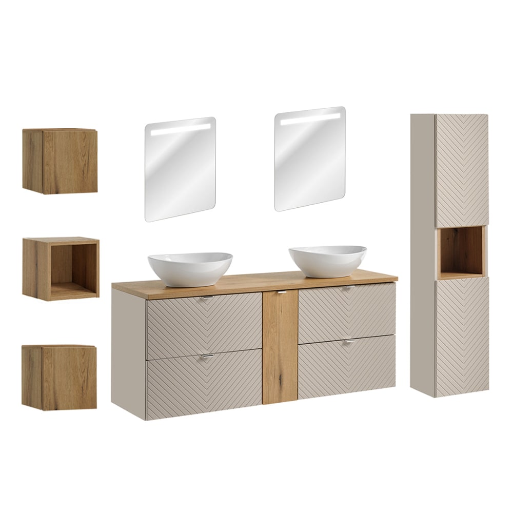 Ensemble meuble double vasque 140cm panneaux mélaminé et mdf beige Ensemble meuble double vasque 140cm panneaux mélaminé et mdf beige