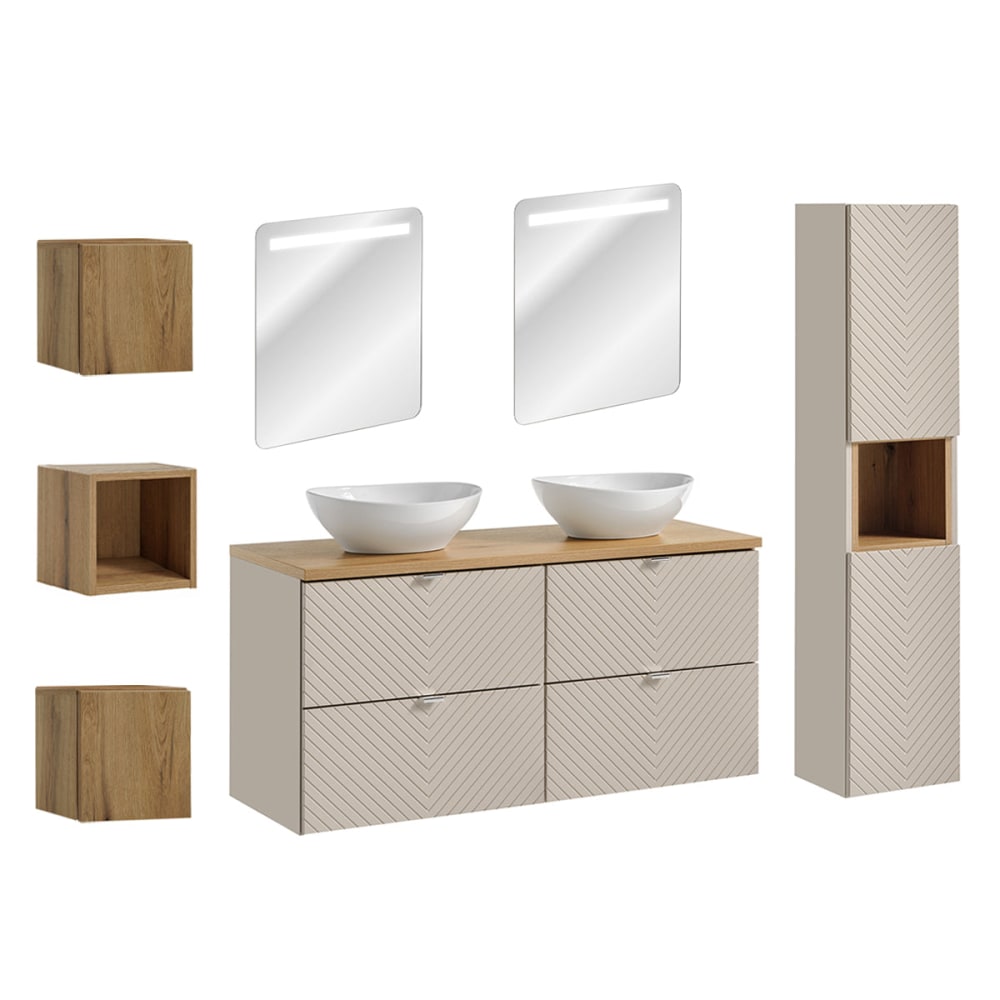 Ensemble meuble double vasque 120cm panneaux mélaminé et mdf beige Ensemble meuble double vasque 120cm panneaux mélaminé et mdf beige