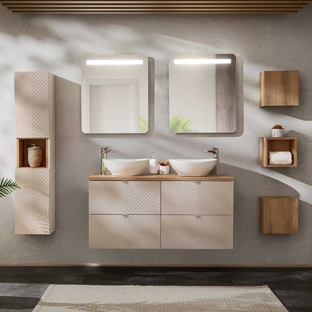 Petits meubles Set aus Doppelwaschtisch 120cm Melamin Kaschmir Beige Spanplatte