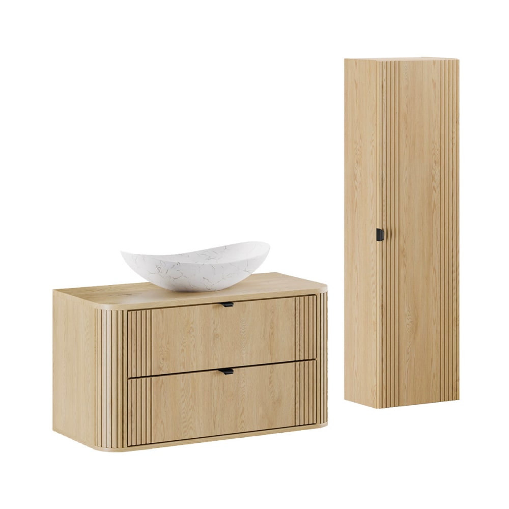 Set aus Einzelwaschtisch 100cm Melamin Helle Eiche - Maisons Du