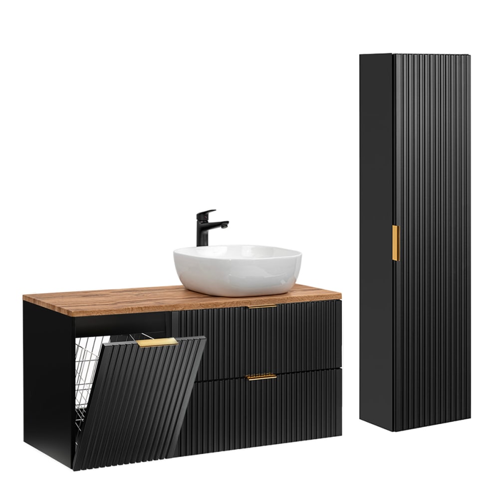 Set Einzelwaschtisch 120cm Wäschekorb MDF Schwarz und Holz -