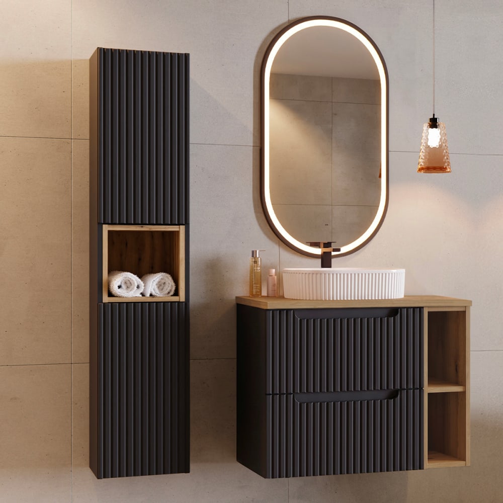 Petits meubles Set Waschtisch 80cm 2 Schubladen MDF Schwarz und Holz Schwarz Spanplatte