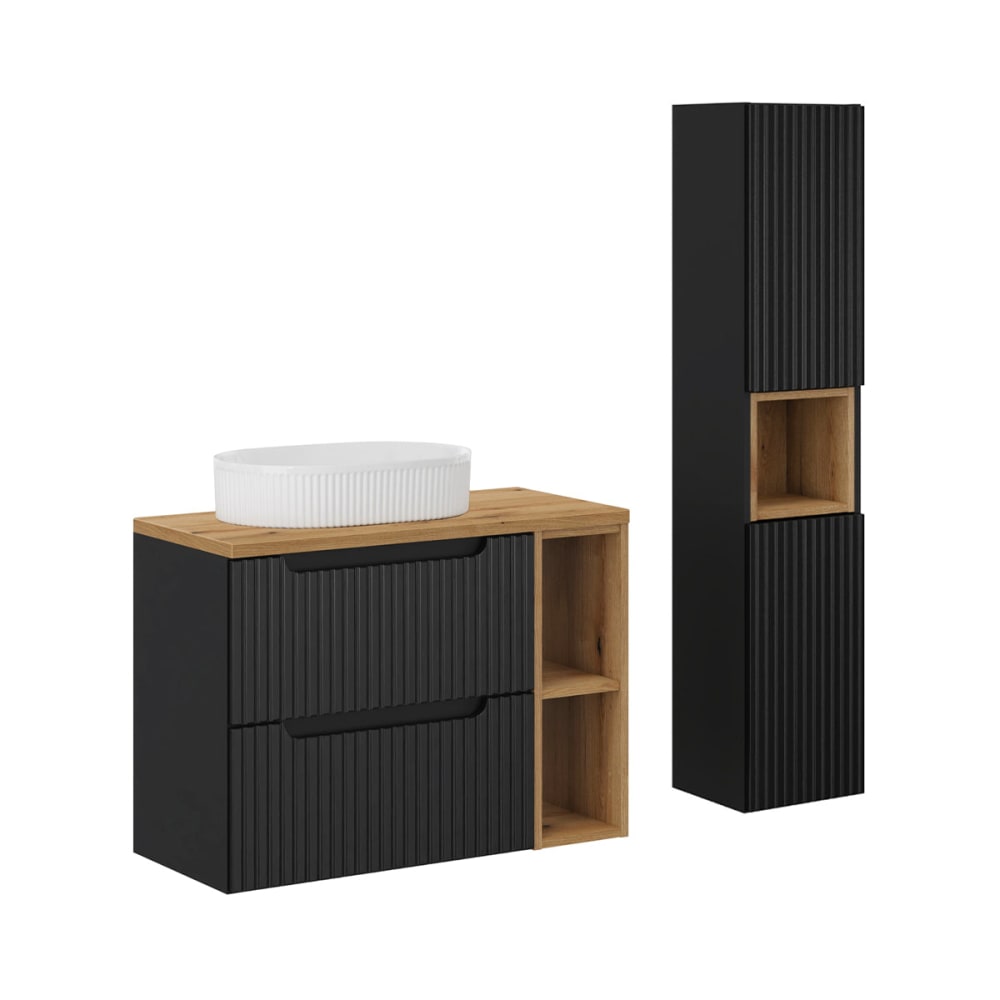Set Waschtisch 80cm 2 Schubladen MDF Schwarz und Holz - Maisons