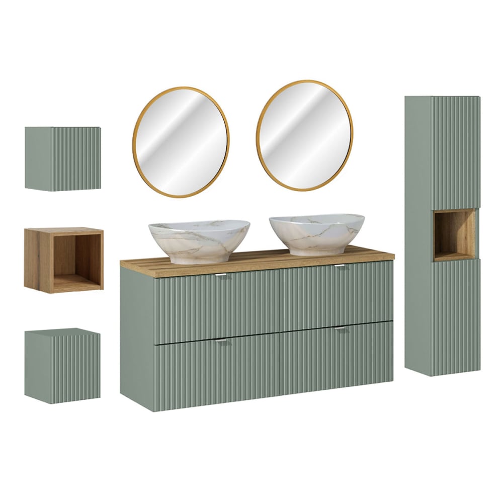 Ensemble meuble double vasque 120cm panneaux mélaminé et mdf vert Ensemble meuble double vasque 120cm panneaux mélaminé et mdf vert