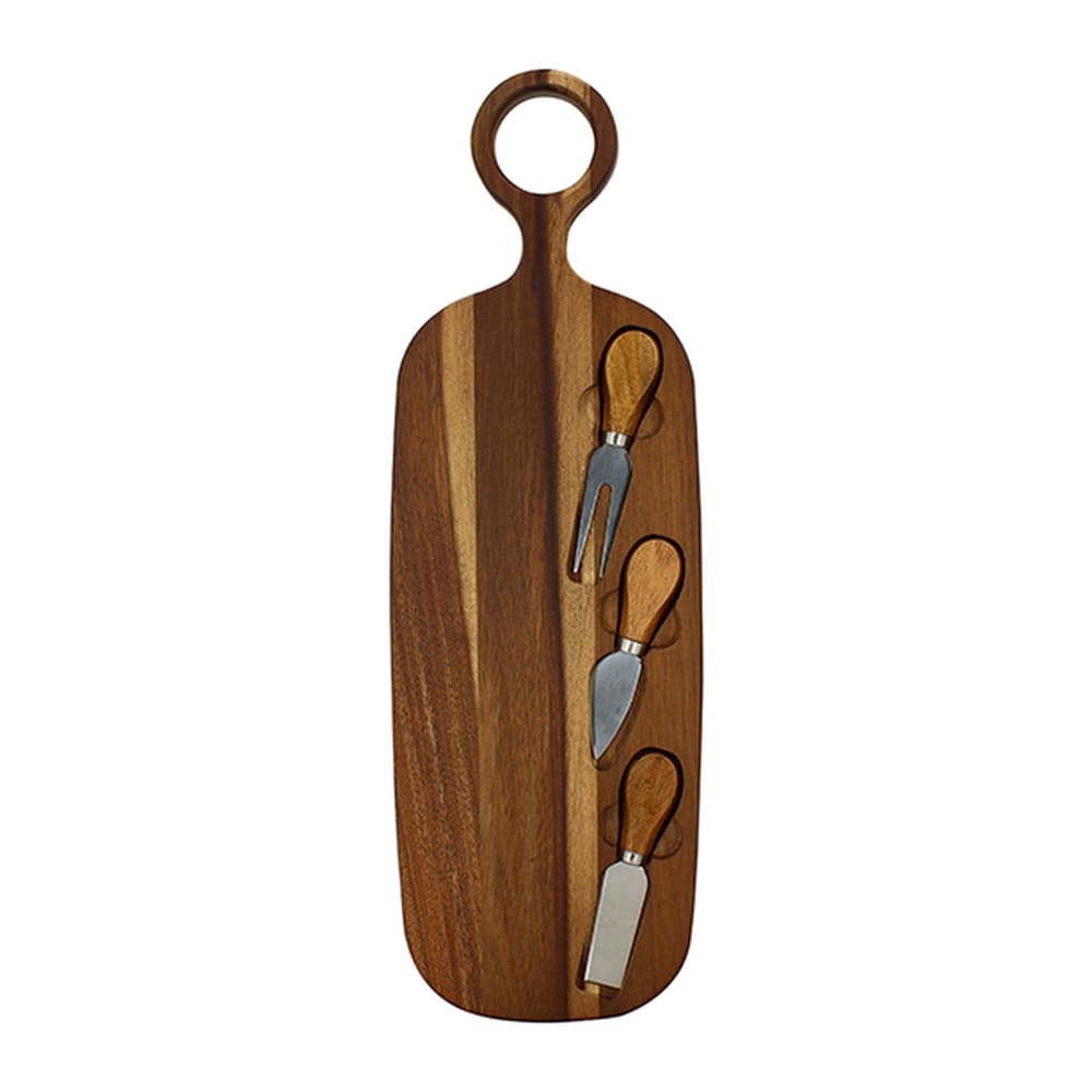 Planche à découper en bois d'acacia 49x16cm avec 3 couteaux à fromage