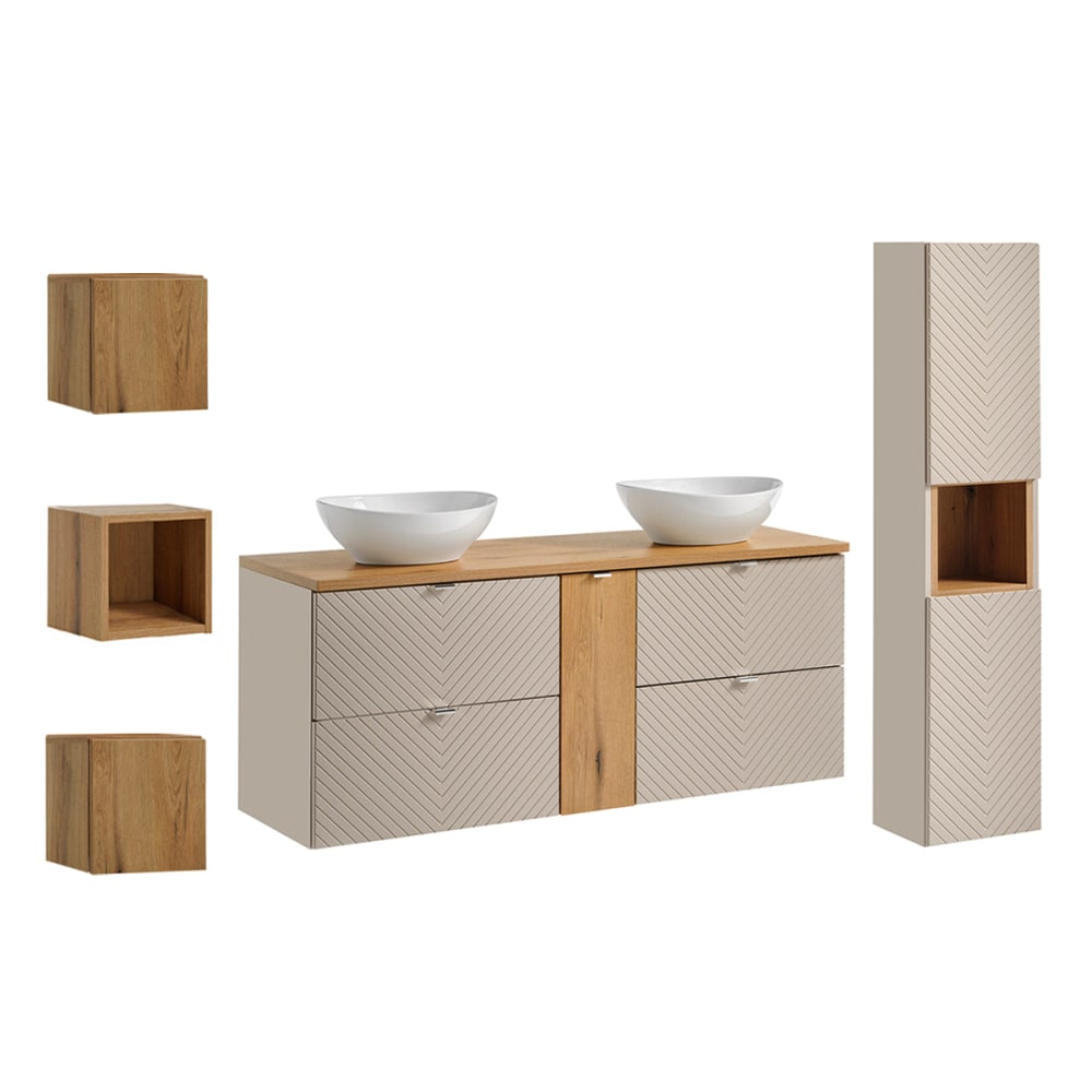Ensemble meuble double vasque 140cm panneaux mélaminé et mdf beige Ensemble meuble double vasque 140cm panneaux mélaminé et mdf beige