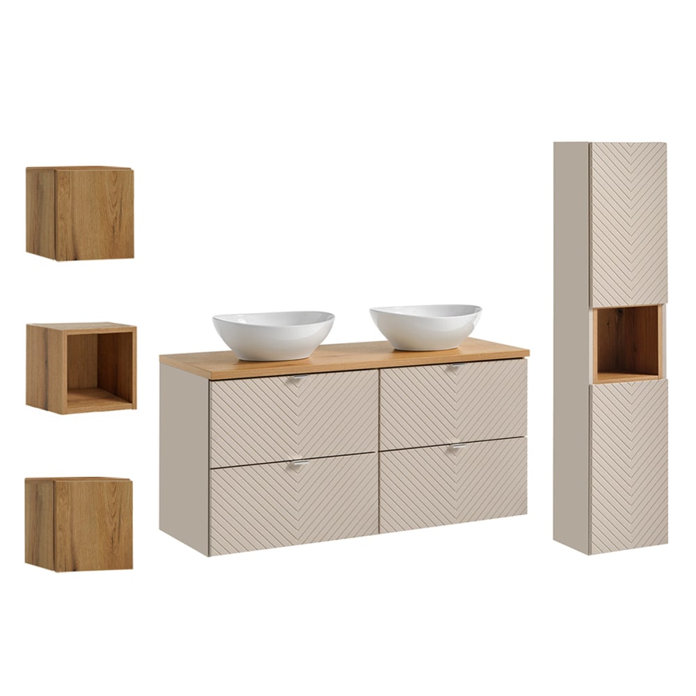 Ensemble meuble double vasque 120cm panneaux mélaminé et mdf beige Ensemble meuble double vasque 120cm panneaux mélaminé et mdf beige