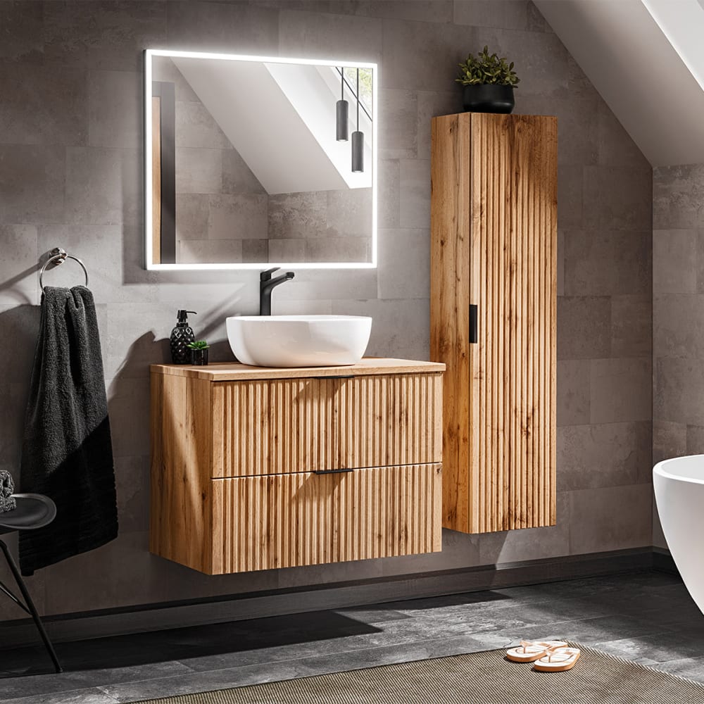Petits meubles Set aus Einzelwaschtisch 80cm LED Melamin Holz Braun Spanplatte