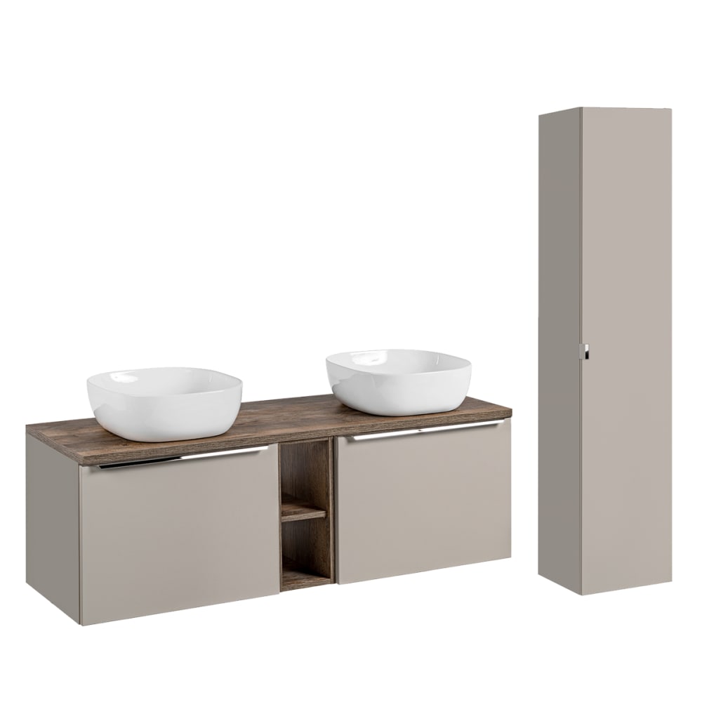 Ensemble meuble double vasque 140cm panneaux stratifiés et mdf taupe Ensemble meuble double vasque 140cm panneaux stratifiés et mdf taupe