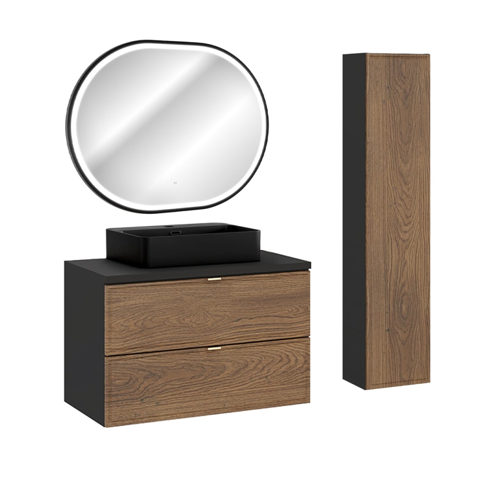 Set aus Einzelwaschtisch 80cm Säule Laminat Holz und Schwarz -